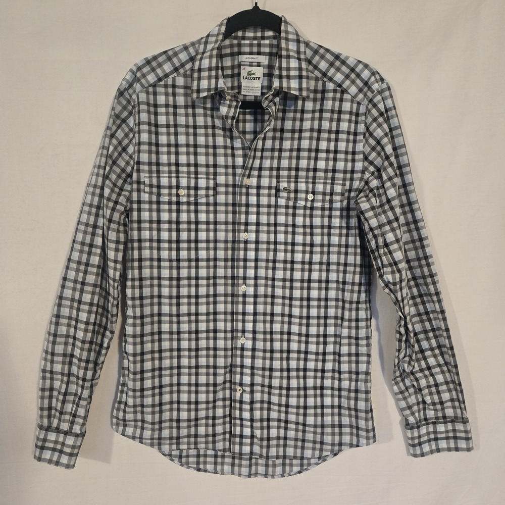Lacoste Shirt Mens Size 38 Blue White Plaid Long Sleeve Button Down Modern Fit